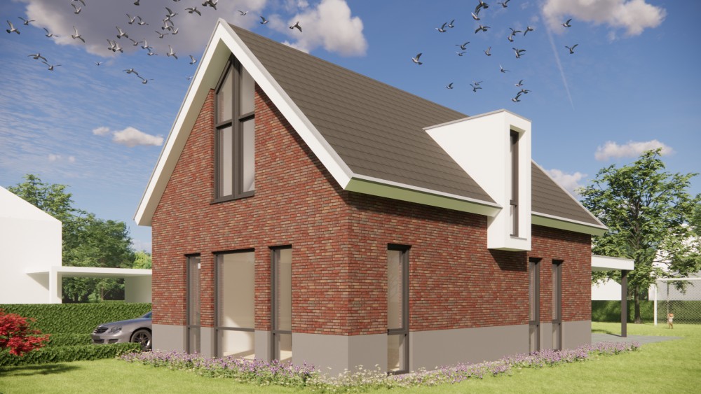 Afbeelding van Moderne woning met zadeldak, rood metselwerk en vlakke dakpannen - 7b42fe5a-8dd0-4f85-a1c9-40271e30c742