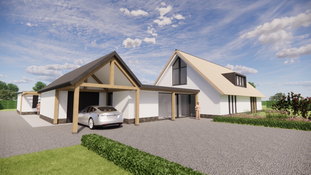 3D Render van moderne L-vormige woning met rieten zadeldak en gekeimde gevels 6