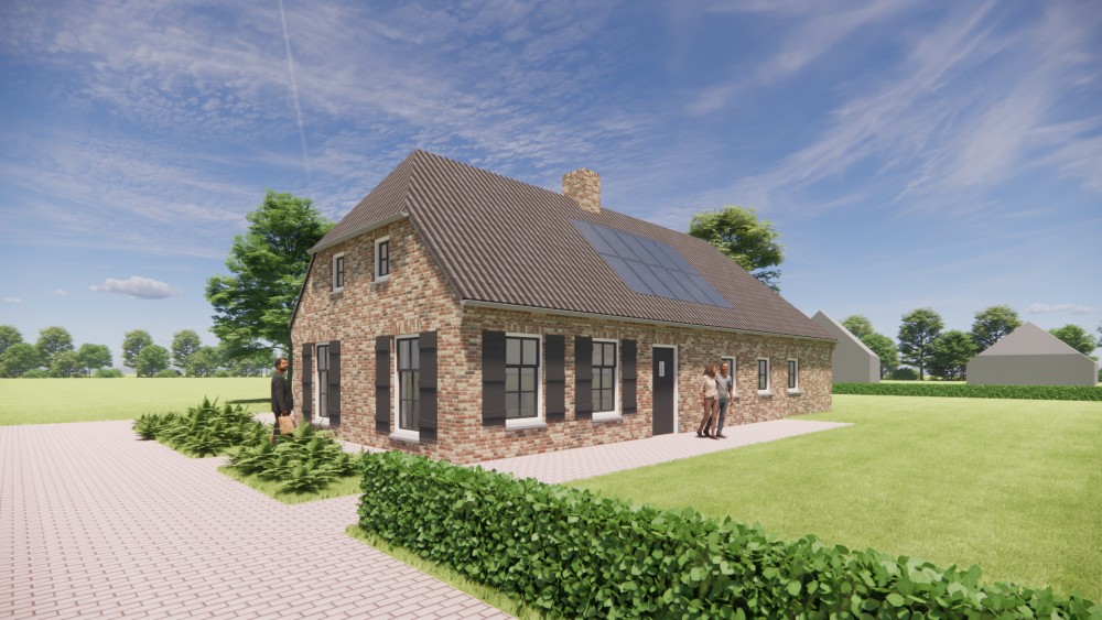 Afbeelding van Boerderijwoning met wolfsdak, gegolfde dakpannen en houten accenten - 4bc53e60-f8b2-4fa3-be1c-bc770d629eeb