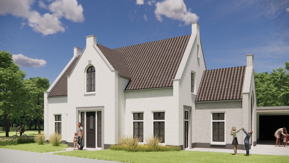 Afbeelding van Jaren 30 woning met wit gekeimd metselwerk schoorsteen en zadeldak met gegolfde dakpannen - 13311366-b03a-4bd5-b702-d180109f73ae