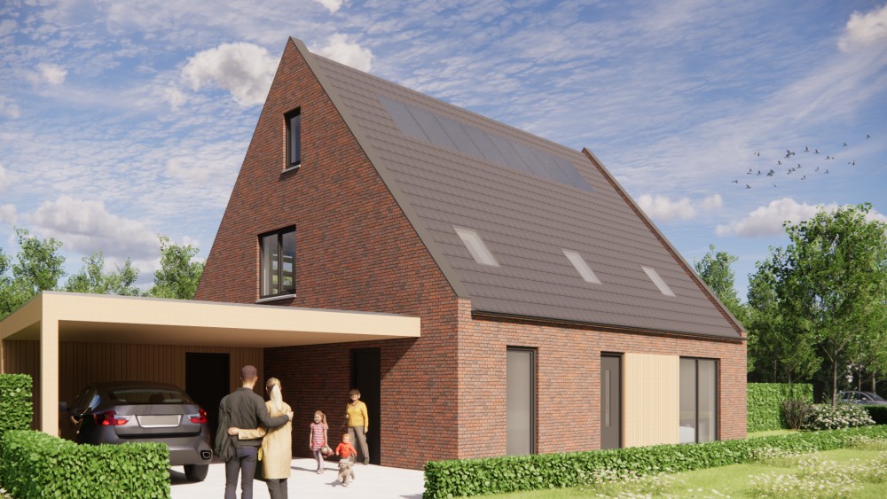 Afbeelding van Vrijstaande moderne woning in rood metselwerk met zadeldak van vlakke dakpannen en houten accenten - ef01d1f2-51d4-409f-87f9-474c5f352a34