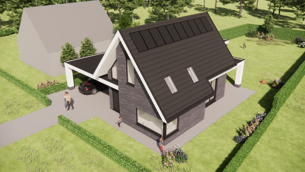 3D Render van moderne woning met metselwerk gevel, hoekkozijn en overkapt terras 7