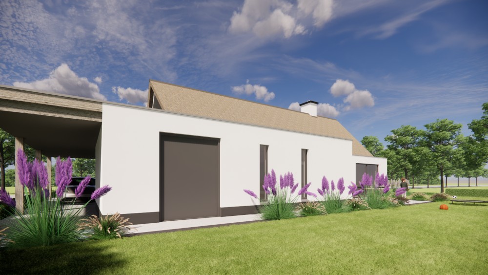3D Render van moderne vrijstaande woning met rieten zadeldak witte pleistergevel en houtaccenten 5