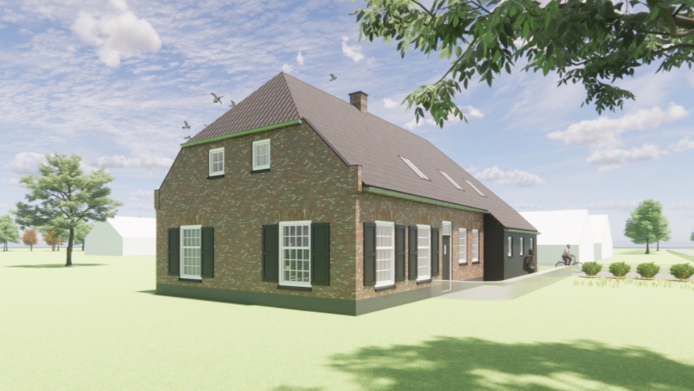 Afbeelding van Woning met metselwerk gevel, gegolfde dakpannen en houtaccenten onder wolfsdak - a292277c-07dc-4d2d-aee6-3c1cf6d1fa8b