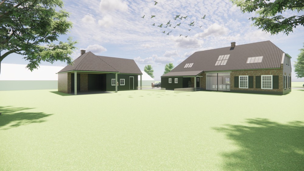 Afbeelding van Woning met metselwerk gevel, gegolfde dakpannen en houtaccenten onder wolfsdak - a292277c-07dc-4d2d-aee6-3c1cf6d1fa8b