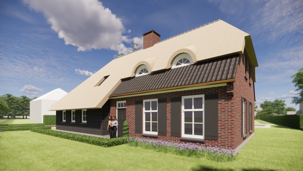 Afbeelding van Landelijke boerderijwoning met rieten dak en metselwerkgevels - 6b5f9ca3-f723-428b-a5f2-e20df475d411