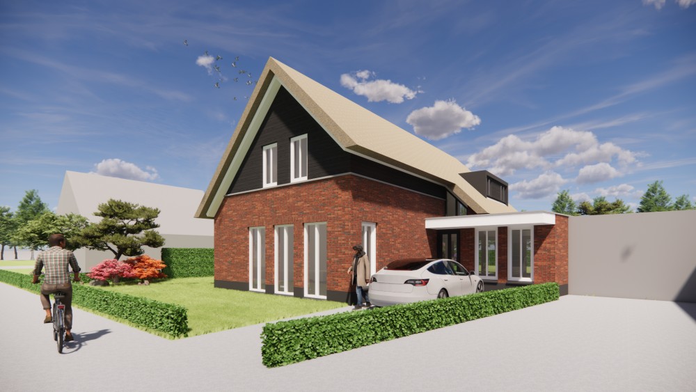 3D Render van traditionele woning met rieten kap en warmrode bakstenen gevel 3