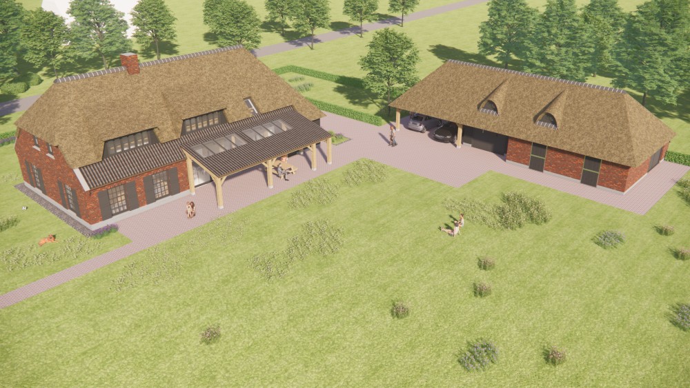 3D Render van boerderijwoning met rieten wolfsdak, houten accenten en metselwerkgevels 7