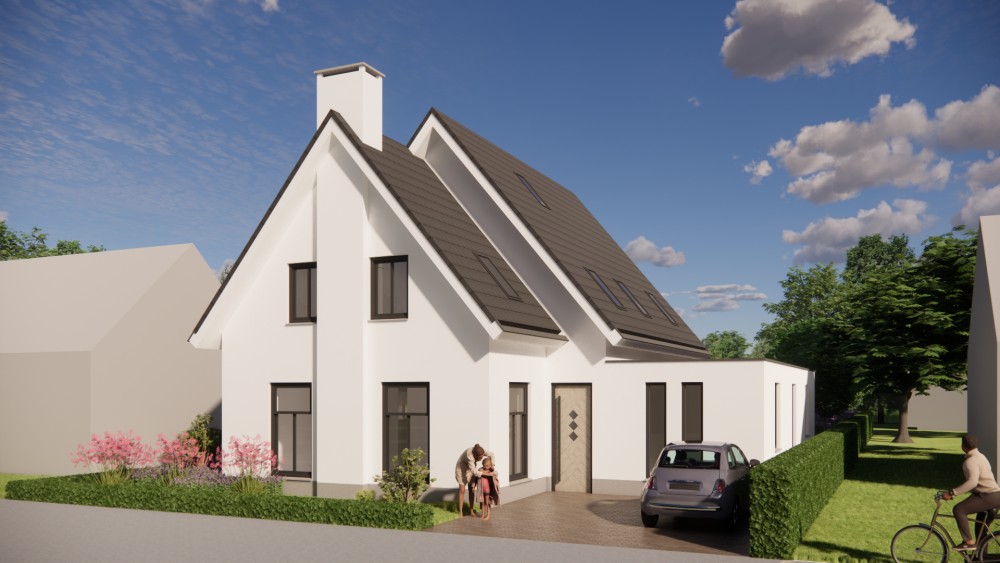 3D Render van gepleisterde gezinswoning met zadeldak, houten kozijnen en ingetogen detaillering 7