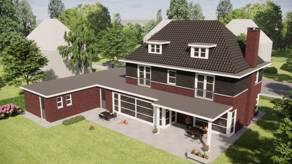 3D Render van vrijstaande jaren 30 notariswoning met metselwerk gevel en schilddak met gegolfde dakpannen 6