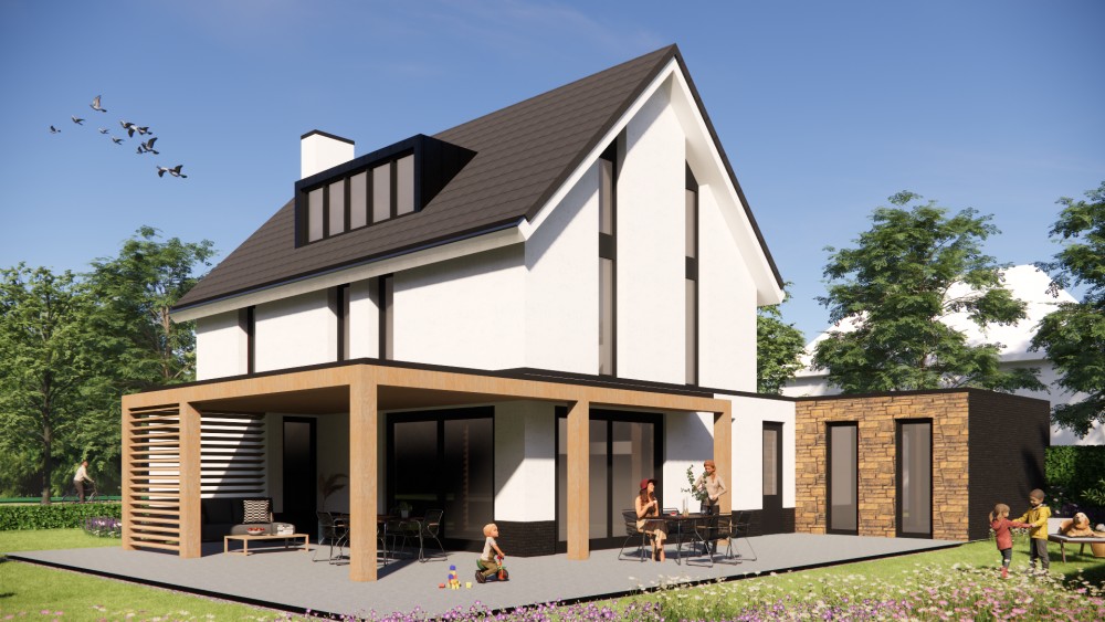 Afbeelding van Moderne woning met strak pleisterwerk, houten accenten en royale overstekken - 45e8d890-0267-433f-9103-3af32fb8a6d1