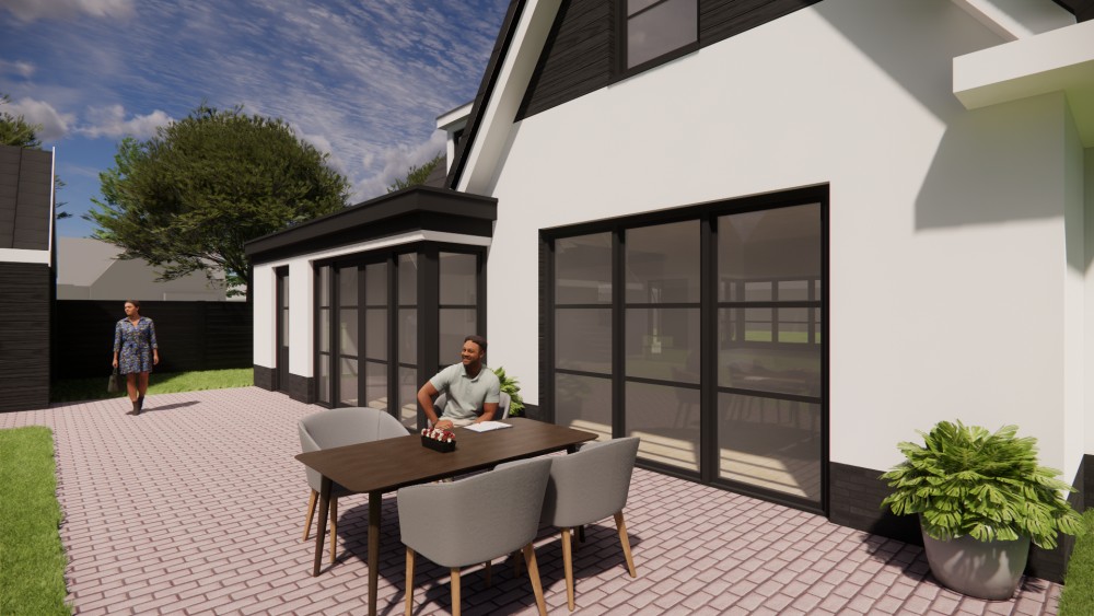 3D Render van eigentijdse vrijstaande woning met wit gekeimd metselwerk en zadeldak met gegolfde dakpannen 5