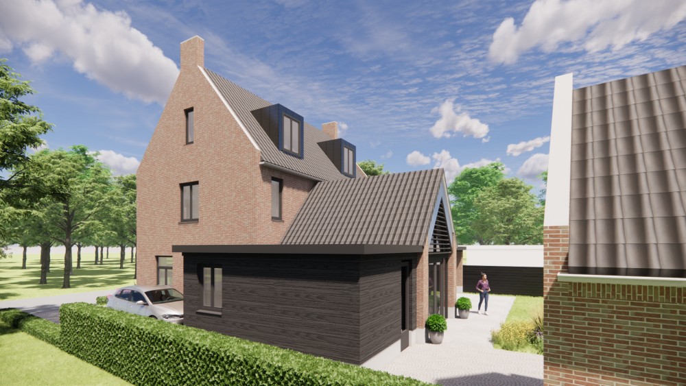 3D Render van kempisch vrijstaand woonhuis met metselwerk gevels, zadeldak en gegolfde dakpannen 7