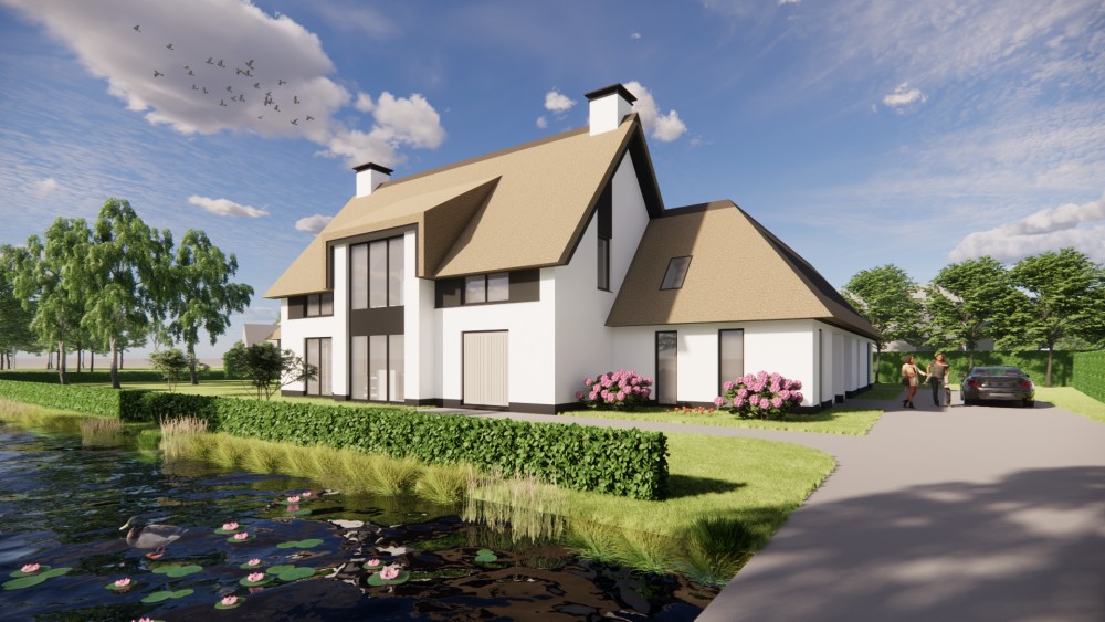 3D Render van rietgedekte villa met u-vorm, gekeimd metselwerk en risaliet 1