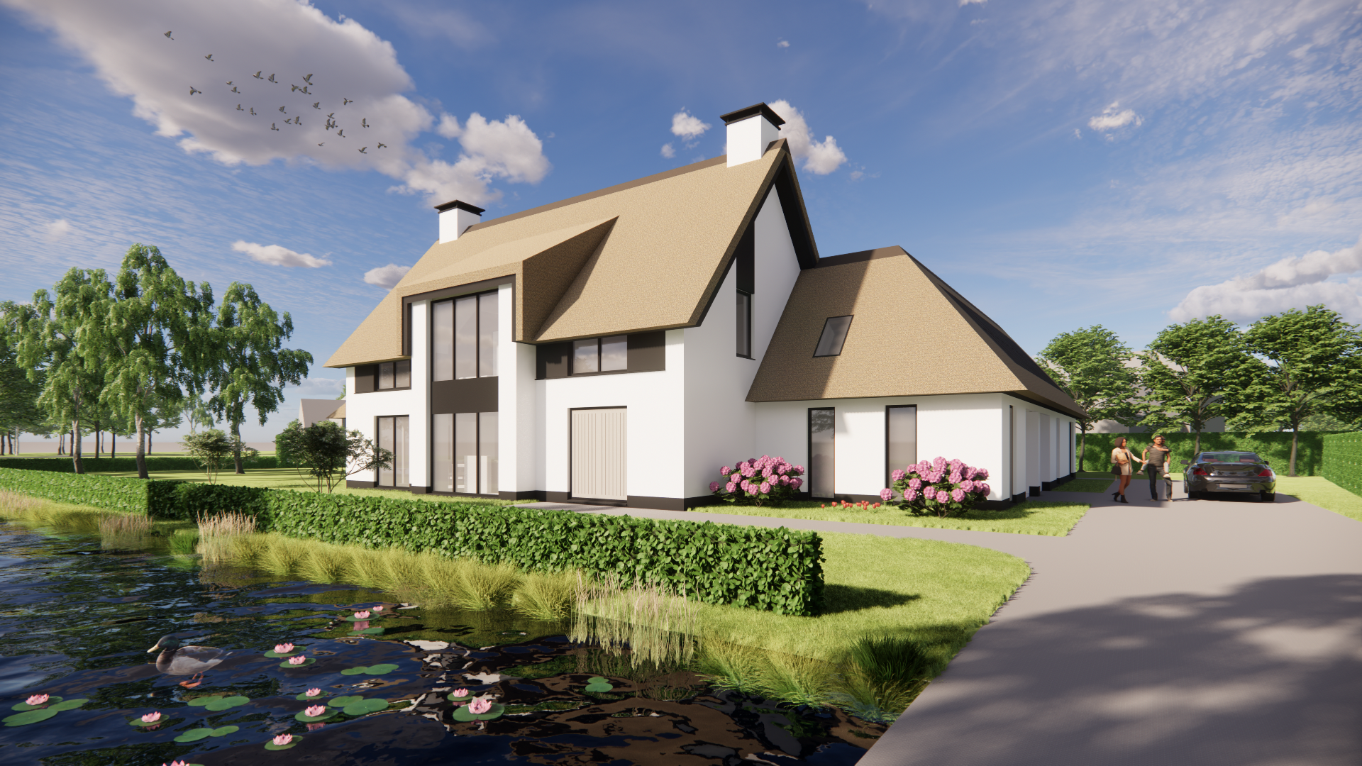3D render van Rietgedekte villa met u-vorm, gekeimd metselwerk en risaliet