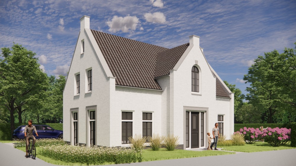 3D Render van jaren 30 woning met wit gekeimd metselwerk schoorsteen en zadeldak met gegolfde dakpannen 6