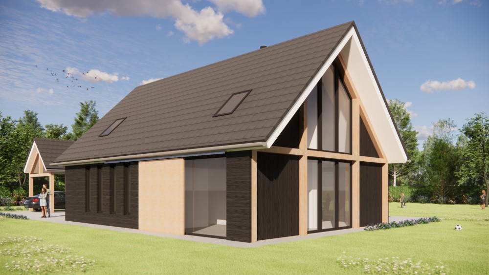 3D Render van eigentijdse schuurwoning met houten gevel en royale dakoverstek 4