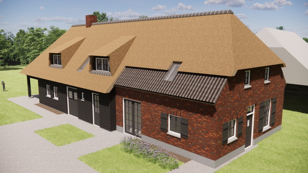 3D Render van rietgedekte landelijke woning met rood metselwerk en houten accenten 7