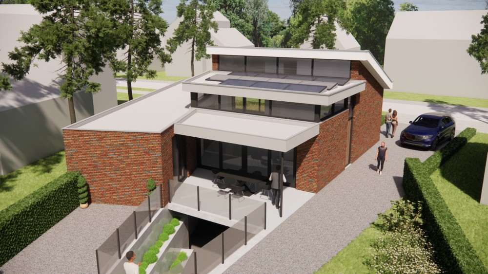 3D Render van moderne vrijstaande woning in metselwerk met lessenaarsdak met vlakke dakpannen en verholen dakgoot 4