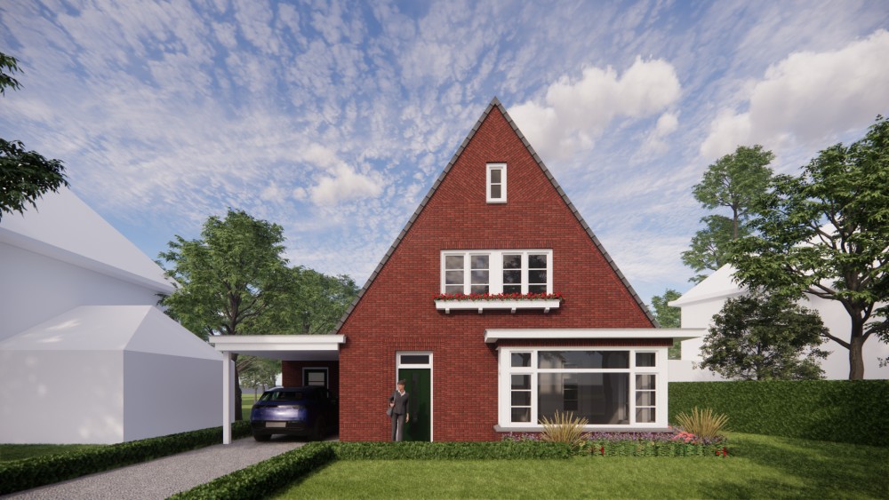 3D Render van vrijstaande woning in jaren 30 stijl met metselwerk gevels en zadeldak met gegolfde dakpannen 5