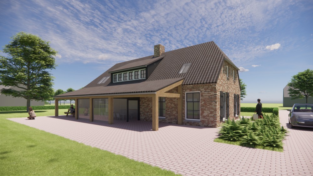 Afbeelding van Boerderijwoning met wolfsdak, gegolfde dakpannen en houten accenten - 4bc53e60-f8b2-4fa3-be1c-bc770d629eeb
