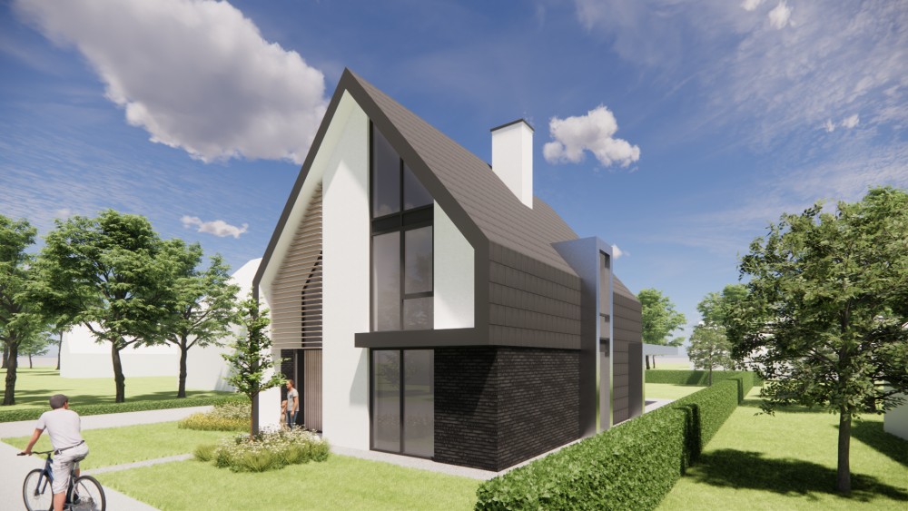 Afbeelding van Eigentijdse villa met metselwerk gevels en zadeldak met vlakke dakpannen - d9a75ce2-f9a5-4846-8d83-df7a2fbed7ab