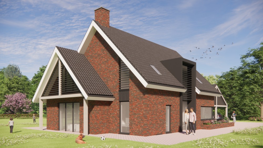 Afbeelding van Landelijk-modern woonhuis met metselwerk, houten balken en gegolfd zadeldak - 756b93cf-261c-4393-81d6-1893cc04da01