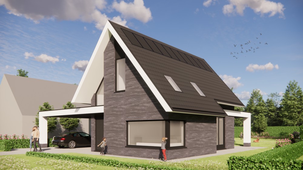 3D Render van moderne woning met metselwerk gevel, hoekkozijn en overkapt terras 4