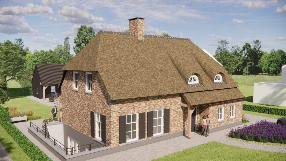 3D Render van boerderijwoning met rieten wolfsdak en houten accenten 9