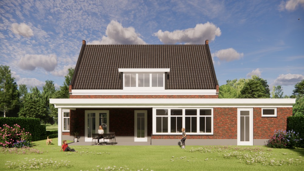 3D Render van traditionele notariswoning met metselwerkgevel, zadeldak en verfijnde details 5