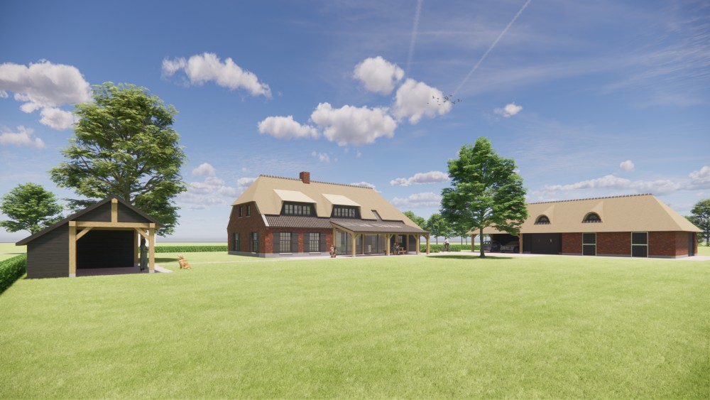 Afbeelding van Boerderijwoning met rieten wolfsdak, houten accenten en metselwerkgevels - 49f07a96-320e-475b-9837-a6ef0179613a