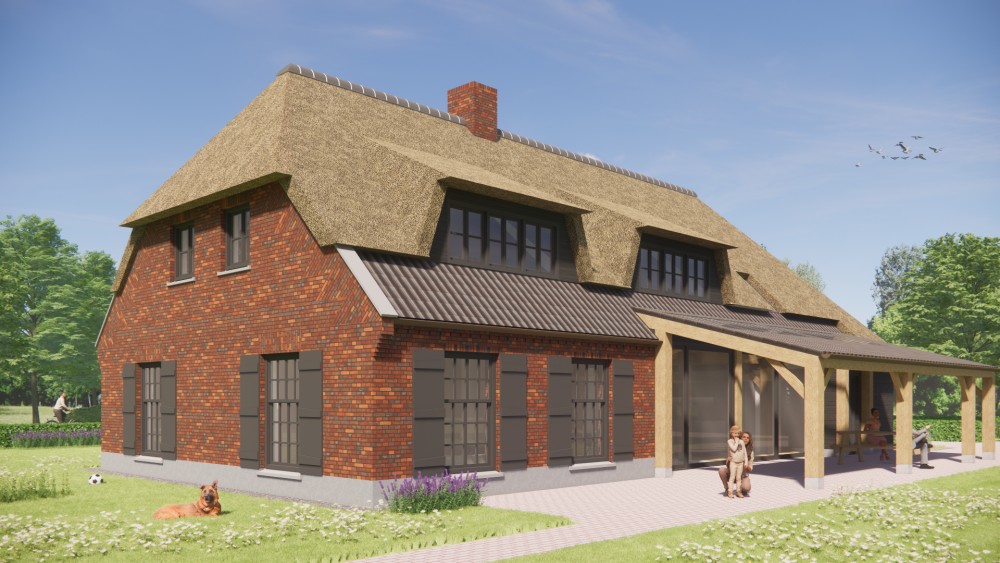 Afbeelding van Boerderijwoning met rieten wolfsdak, houten accenten en metselwerkgevels - 49f07a96-320e-475b-9837-a6ef0179613a