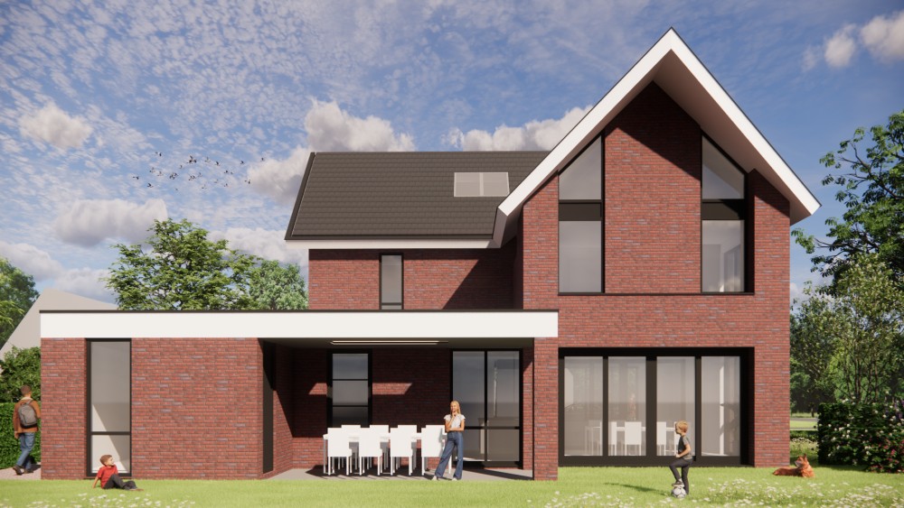 3D Render van strakke baksteenarchitectuur met zadeldak en schuine dak overstek 5