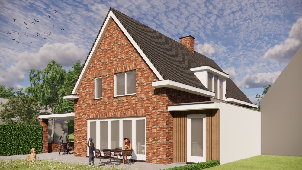 3D Render van traditionele jaren 30 woning met metselwerk gevel, dakkapel en zadeldak met dakoverstek 4