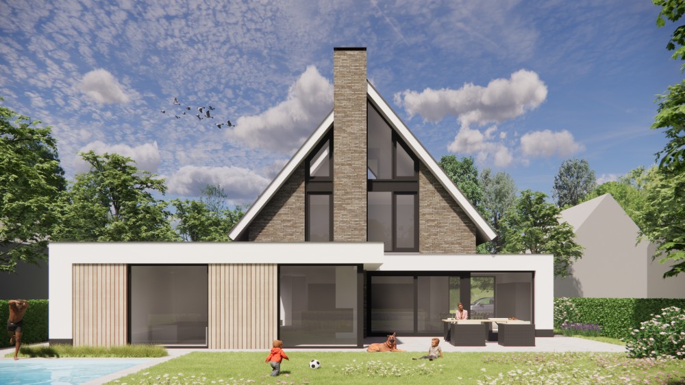 3D Render van woning met wit stucwerk, houten accenten en overstekend zadeldak 4