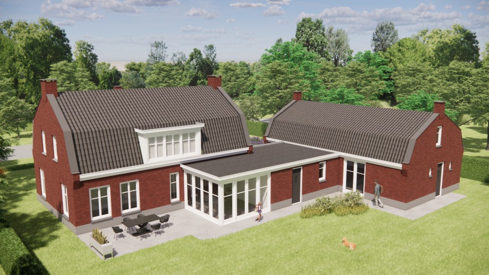 3D Render van vrijstaand woonhuis in jaren 30 stijl met metselwerkgevel en mansardedak met gegolfde dakpannen 10