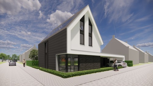 Afbeelding van Witgepleisterde moderne woning met vlakke dakpannen en royale dakoverstekken - 320dc6f6-3b98-47cc-b1a6-2901bcad00aa