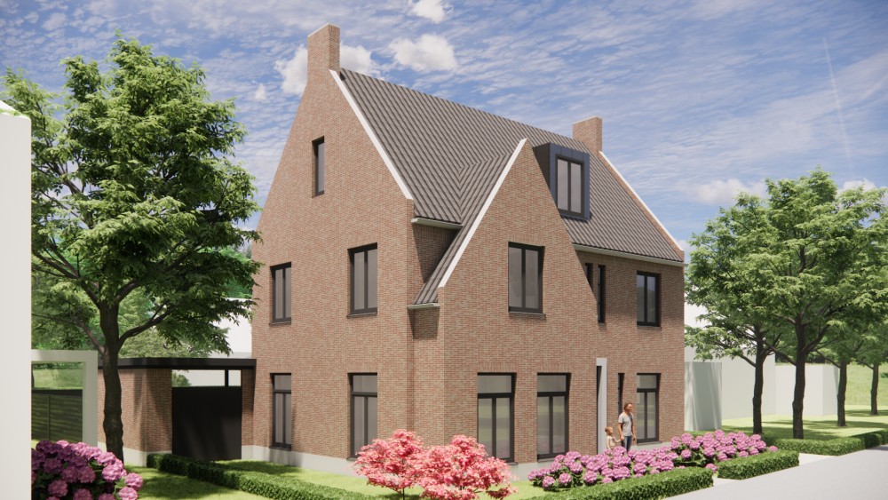 3D Render van kempisch vrijstaand woonhuis met metselwerk gevels, zadeldak en gegolfde dakpannen 4