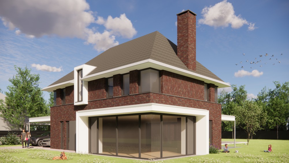 Afbeelding van Vrijstaande moderne woning met bruin metselwerk en schilddak - 9d333c17-c882-47d3-b441-add8615b9d1d