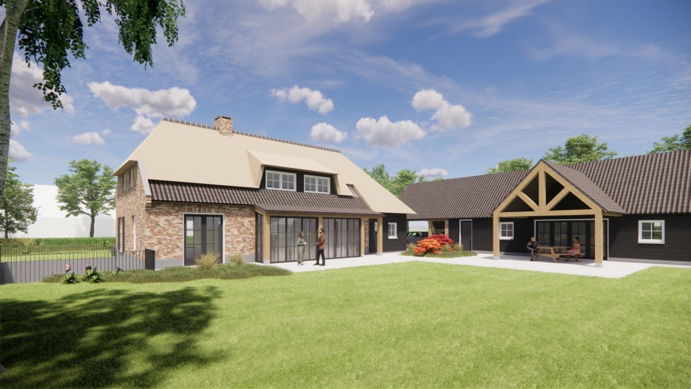 3D Render van landelijke boerderijwoning met rieten wolfsdak en metselwerk met houten accenten 5