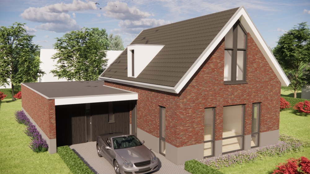 3D Render van moderne woning met zadeldak, rood metselwerk en vlakke dakpannen 7