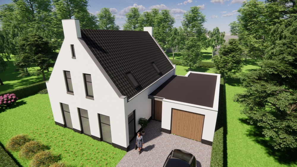 3D Render van vrijstaande moderne woning met pleisterwerk en zadeldak met gegolfde dakpannen 7