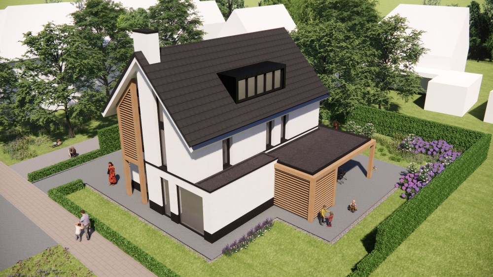 3D Render van moderne woning met strak pleisterwerk, houten accenten en royale overstekken 7