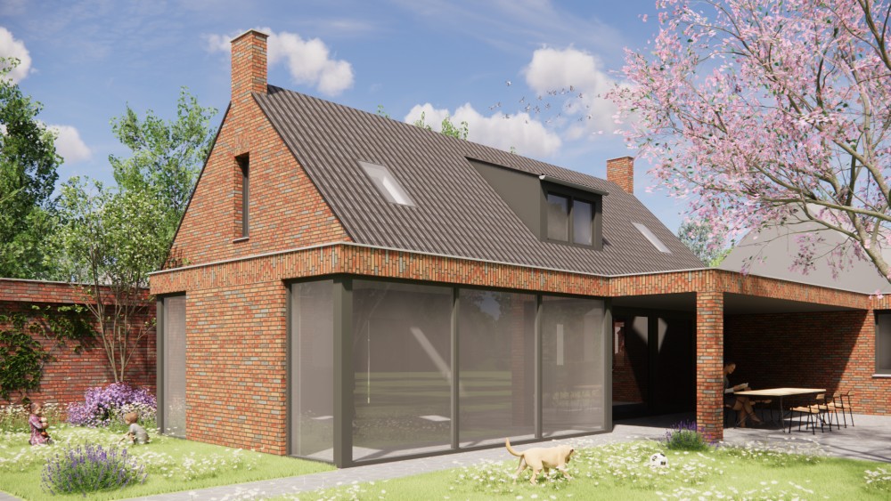 Afbeelding van Moderne woning met donker zadeldak, metselwerk gevel en geïntegreerde schoorsteen - 05e1181b-3991-4873-af3a-9fef48c9c702