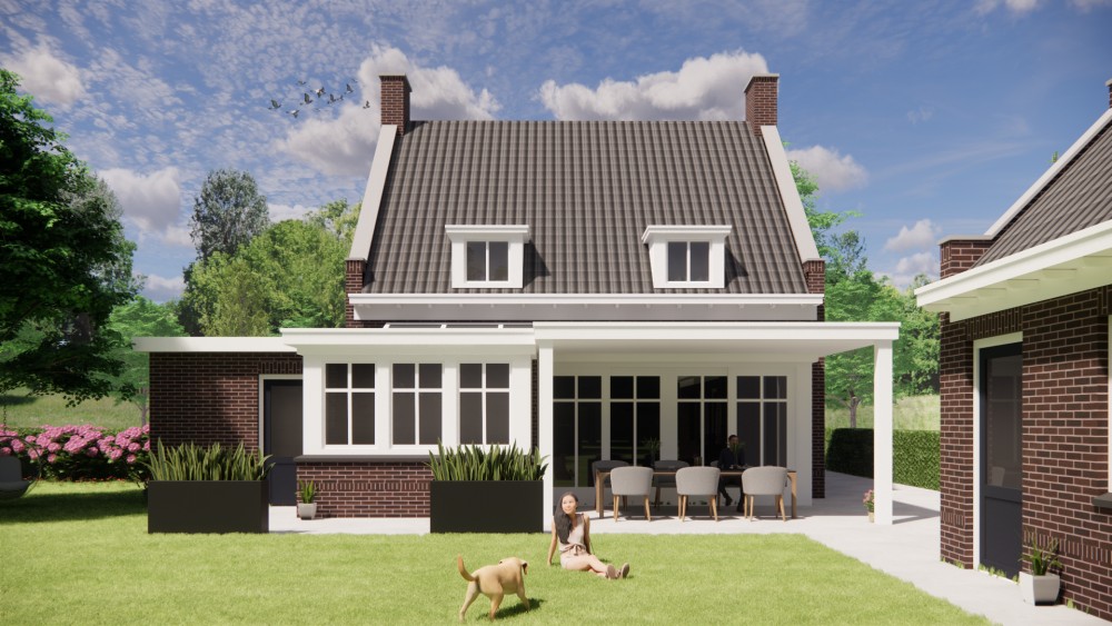 3D Render van vrijstaande jaren 30 nieuwbouw met metselwerkgevel, zadeldak en dakkapel 6