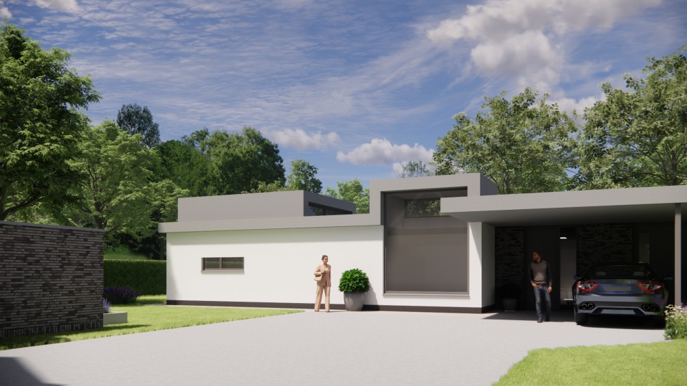 3D Render van vrijstaande kubistische woning met pleisterwerk en plat dak 7