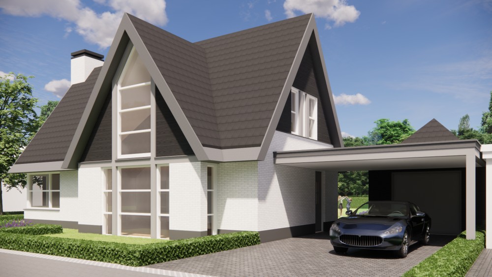 Afbeelding van Vrijstaande moderne woning met wit en zwart metselwerk en zadeldak met vlakke dakpannen - 40c39286-de74-4628-a76a-67b0f376ebe7