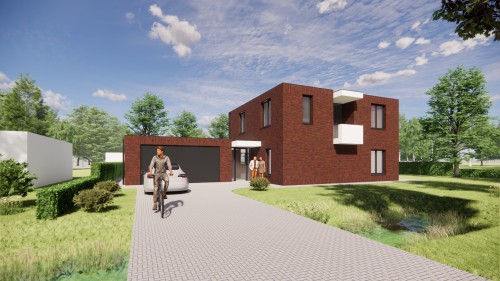 Afbeelding van Kubistische woning van donkerrood metselwerk met hoekkozijn en balkon - 5de84e53-b196-4dd2-b743-cf7ec4333a4b