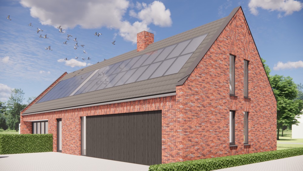 3D Render van vrijstaande moderne woning in rood metselwerk met zadeldak in vlakke dakpannen en houtaccenten 6