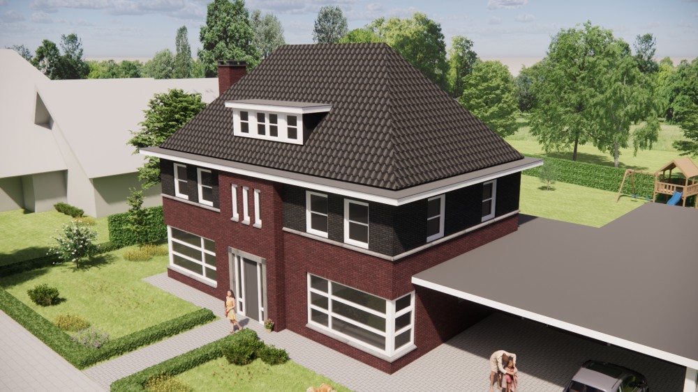 3D Render van vrijstaande jaren 30 notariswoning met metselwerk gevel en schilddak met gegolfde dakpannen 5